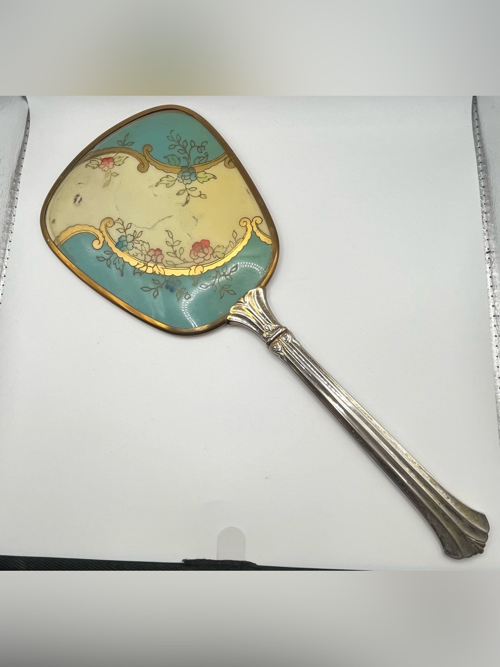 Vintage Floral Hand Mirror in Turquoise and Cream